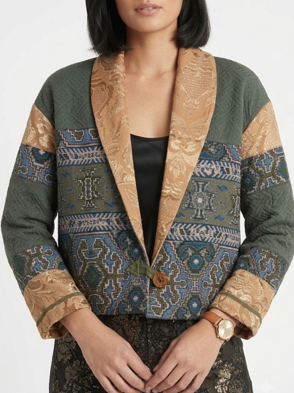 Flashback Olive Green Patterned Shawl-Collar Jacket with Gold Trim